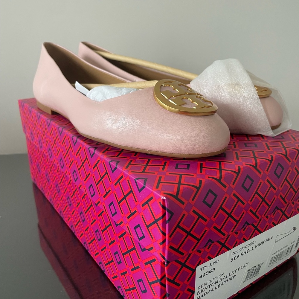 Tory Burch Benton Ballet Flat Nappa Leather size 9 sea shell pink